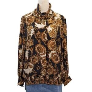 Vintage 80s Silk Blouse L/XL Baroque Floral Black Gold Paisley Boho Top